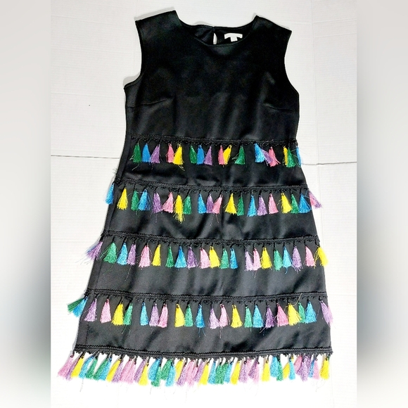 Black New York & Company Stretch Bodycon Multicolored Party Tasseled‎ Dress Sz L - Picture 2 of 8